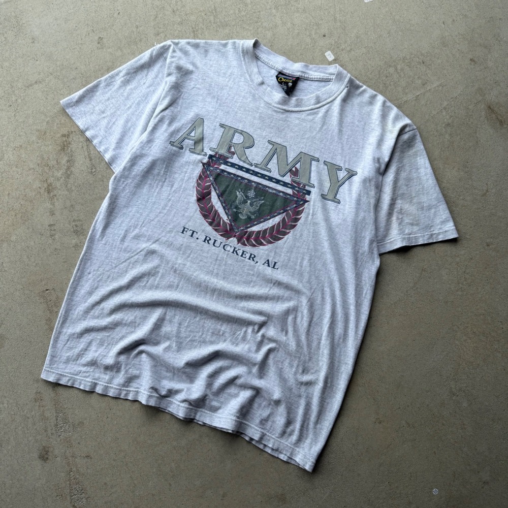 90s Mens Soffe's Choice Army Ft. Rucker AL Graphic T-Shirt Military Grey Large